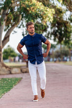 Load image into Gallery viewer, Father Sons Super Slim Stretch Grandad Collar Short Sleeve Classic Navy Oxford - FS584