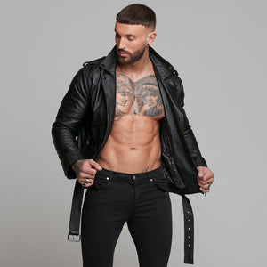 Father Sons Black Leather Jacket with Belt Detail - FSH313